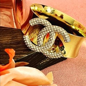 Gold-Tone Rhinestone Double C Brooch Bangle Cuff Bracelet